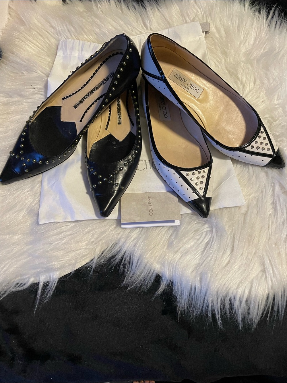 2 pairs of Jimmy Choo-London Black and White Studded Pointed-Toe flats 🥿